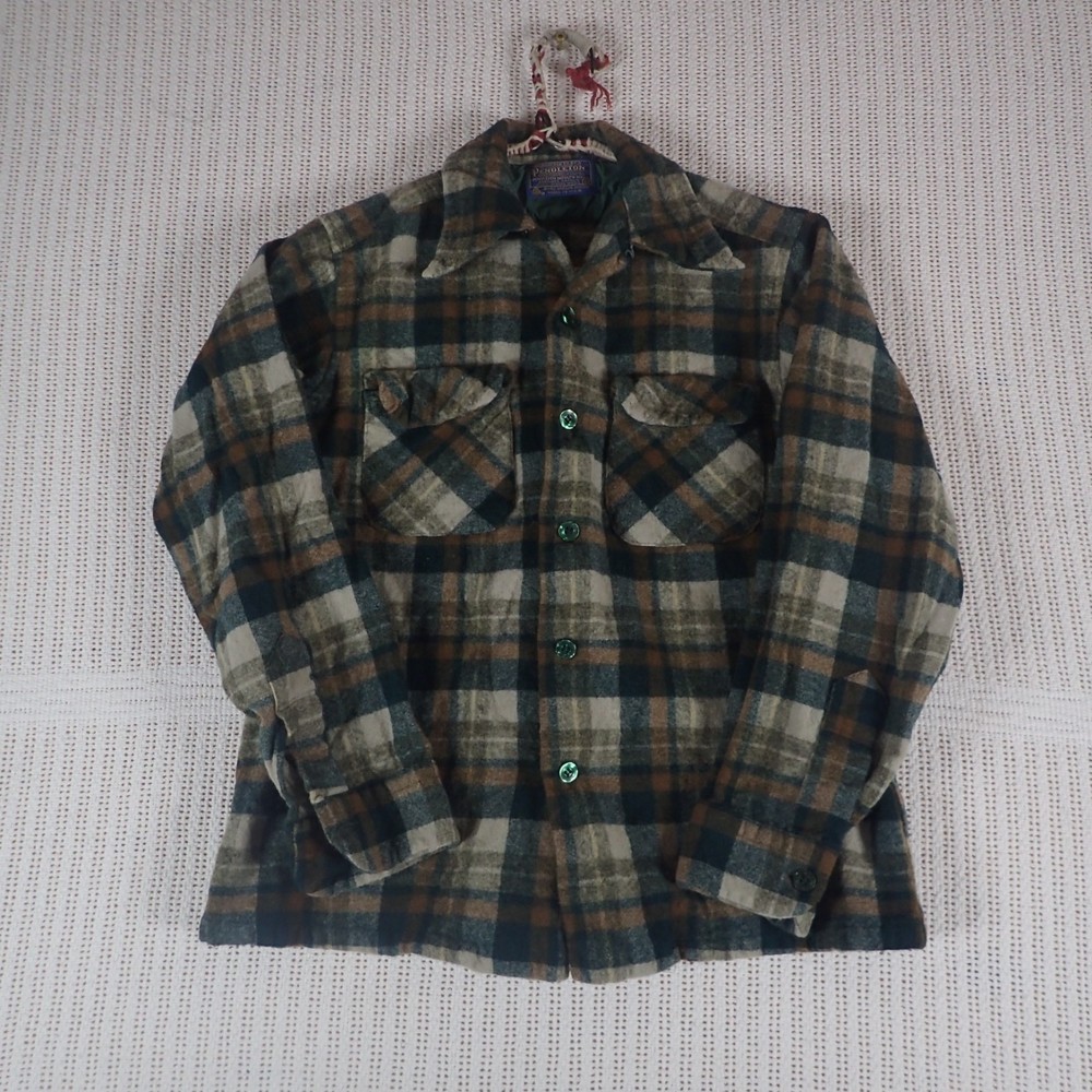 Pendelton Boys Flannel Green and Brown Missing Button on Sleeve and Small Stain